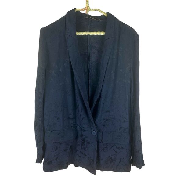 Zara Floral Jacquard Blazer Jacket Size Small Dark Blue Double Breasted Brocade - Picture 2 of 16